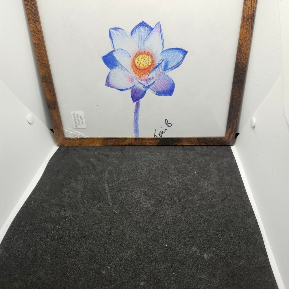 Hand Crafted Original Blue Floral Art   Framed Colored Pencil Drawing 12x10